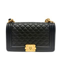 Pre-Owned CHANEL LeBoy Medium Black Gold Quilted Caviar Leather Chain Bag, Series 24, Year 2018,  N20180608