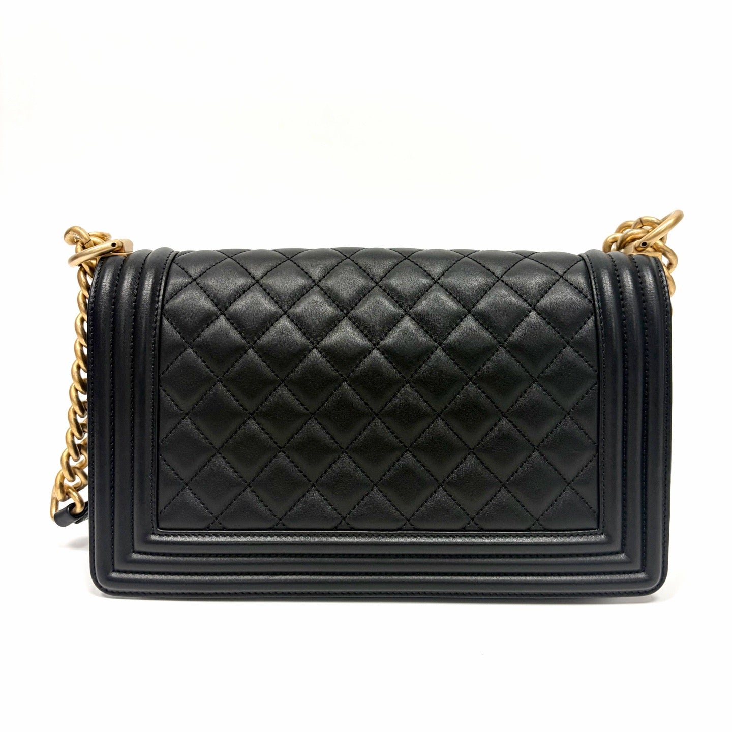Pre-Owned CHANEL LeBoy Medium Black Gold Quilted Caviar Leather Chain Bag, Series 24, Year 2018,  N20180608