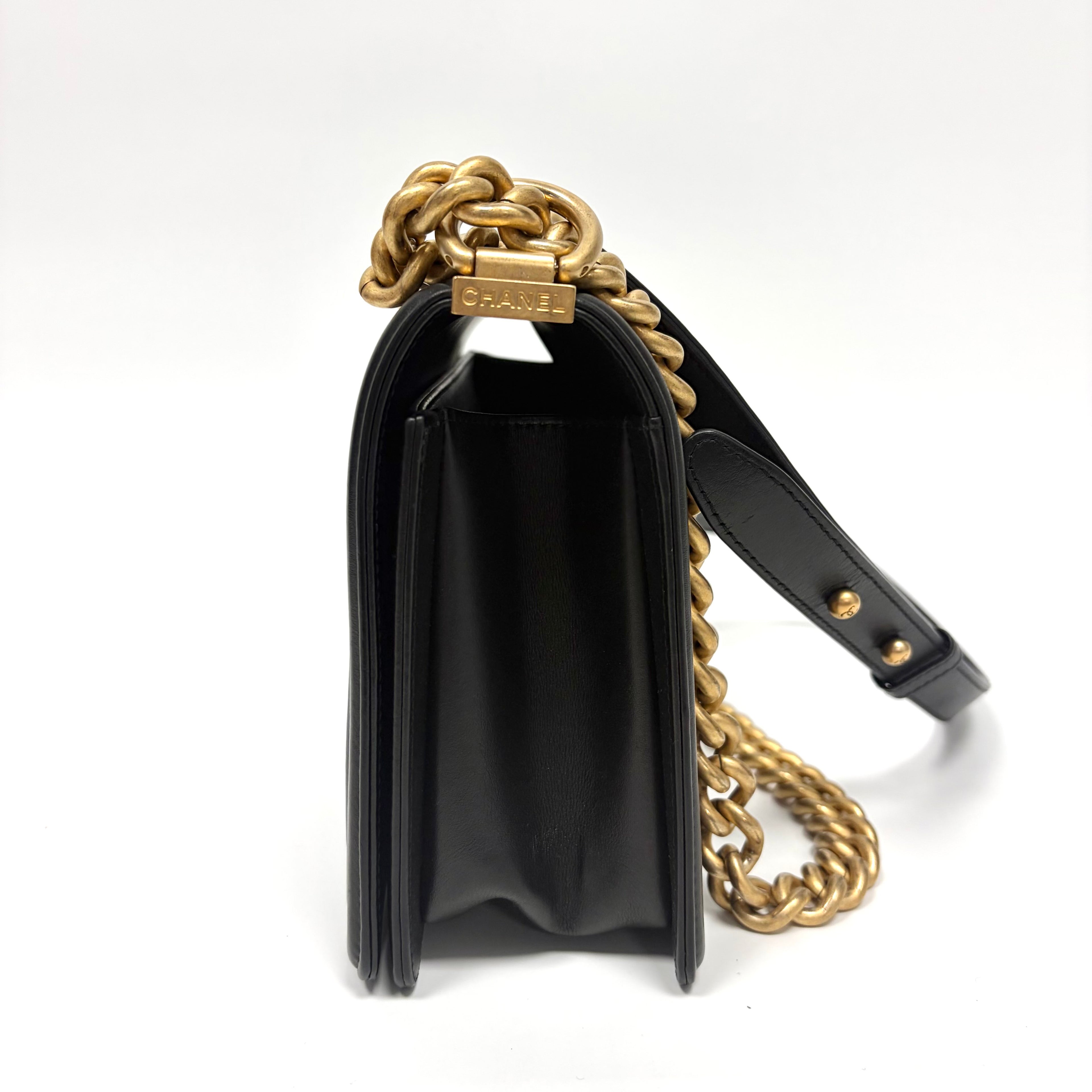 Pre-Owned CHANEL LeBoy Medium Black Gold Quilted Caviar Leather Chain Bag, Series 24, Year 2018,  N20180608