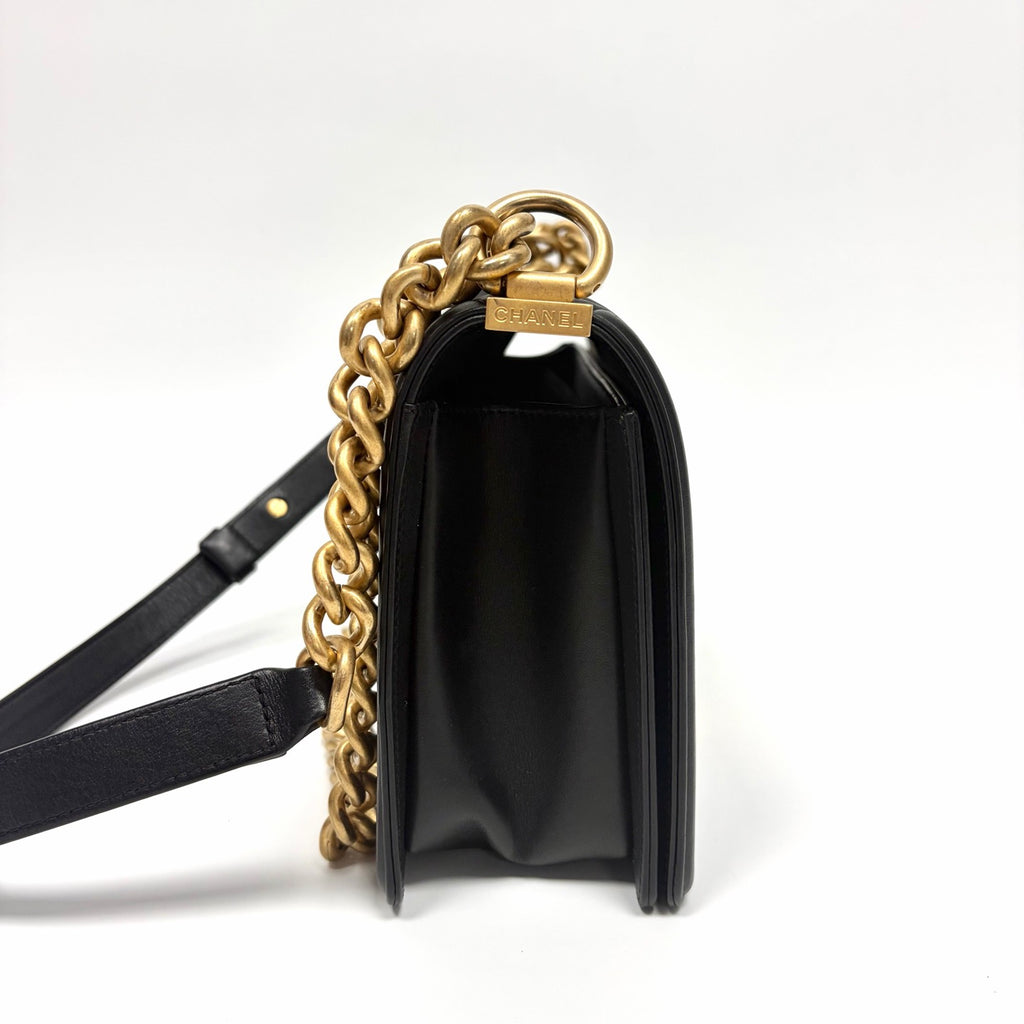 Pre-Owned CHANEL LeBoy Medium Black Gold Quilted Caviar Leather Chain Bag, Series 24, Year 2018,  N20180608