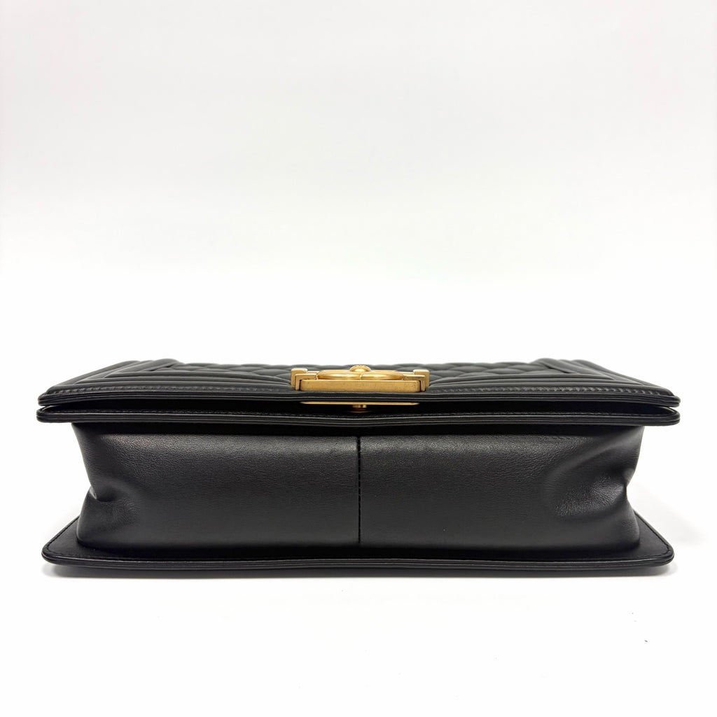 Pre-Owned CHANEL LeBoy Medium Black Gold Quilted Caviar Leather Chain Bag, Series 24, Year 2018,  N20180608