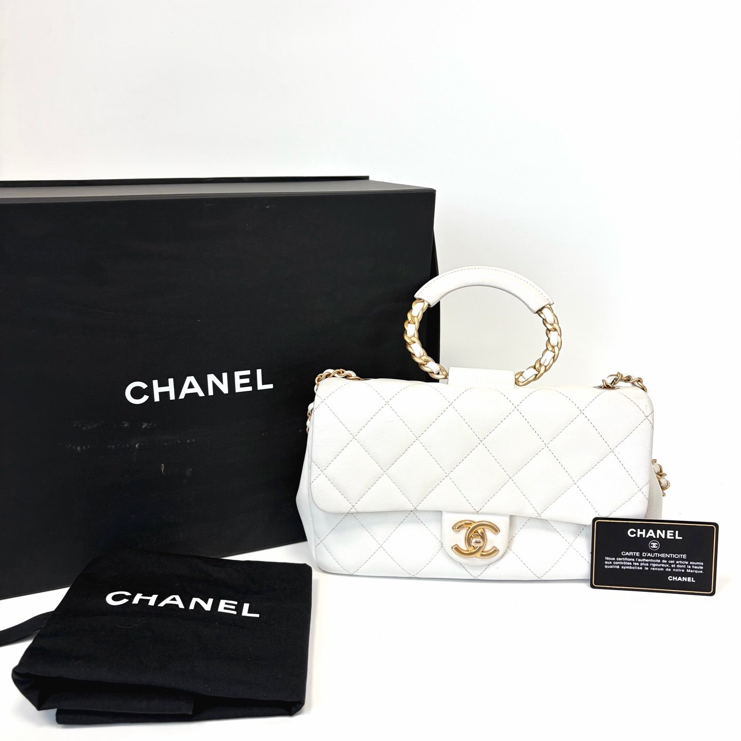 Pre-Owned Chanel White Lambskin Gold Hardware Circle Handle Medium CF Chain Bag Year2020 N22172017