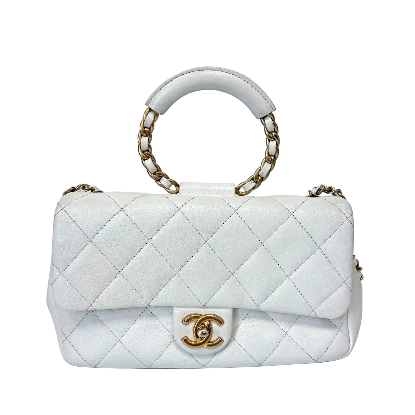 Pre-Owned Chanel White Lambskin Gold Hardware Circle Handle Medium CF Chain Bag Year2020 N22172017