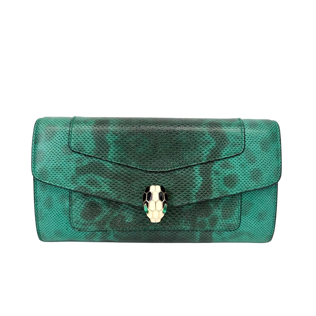 Pre-Owned BVLGARI Serpenti Long Wallet Emerald Lizard Skin Year2015 Size 19*10cm N22102854