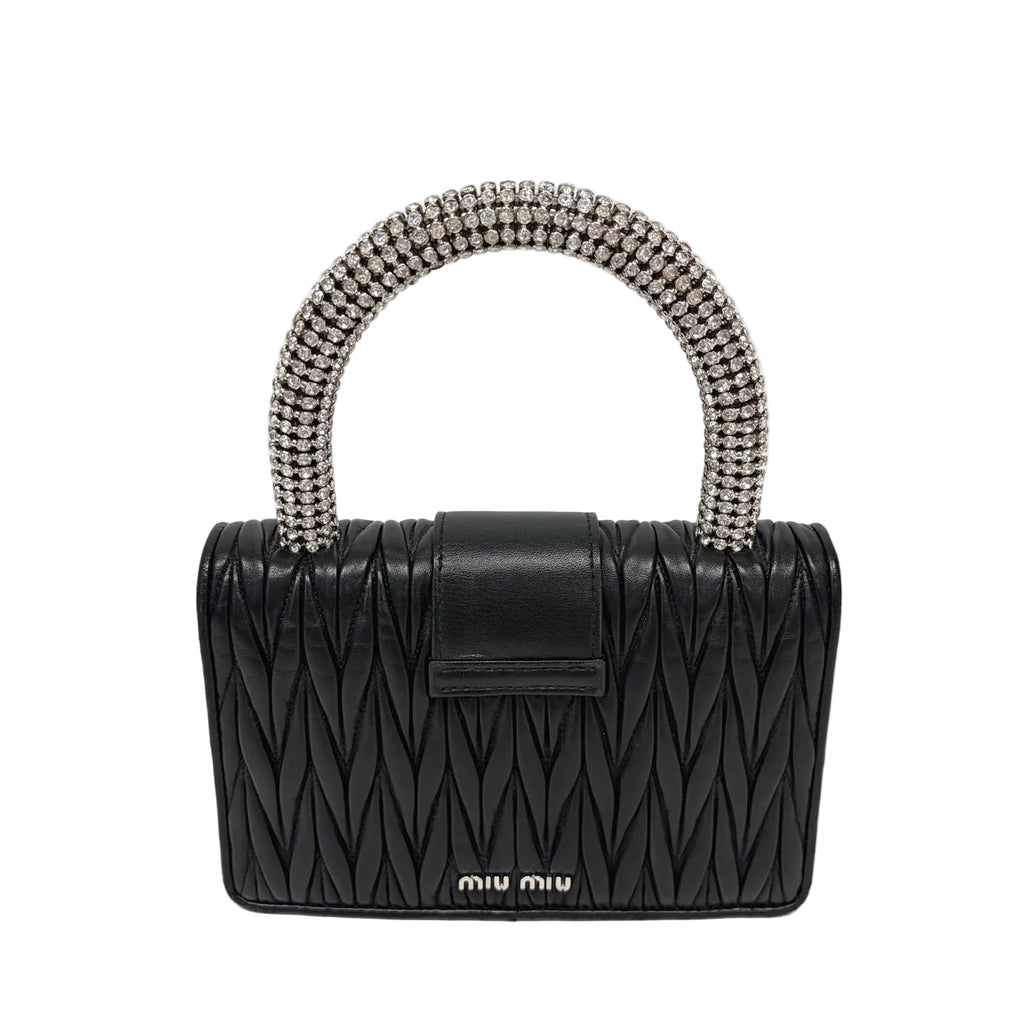 Pre-Owned Miu Miu Black Sheepskin Rhinestone Handle Handbag Size 19x13cm N21922002