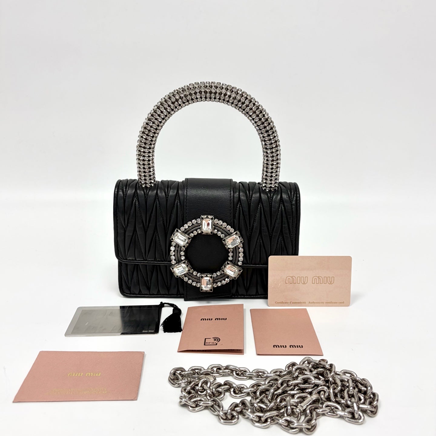 Pre-Owned Miu Miu Black Sheepskin Rhinestone Handle Handbag Size 19x13cm N21922002