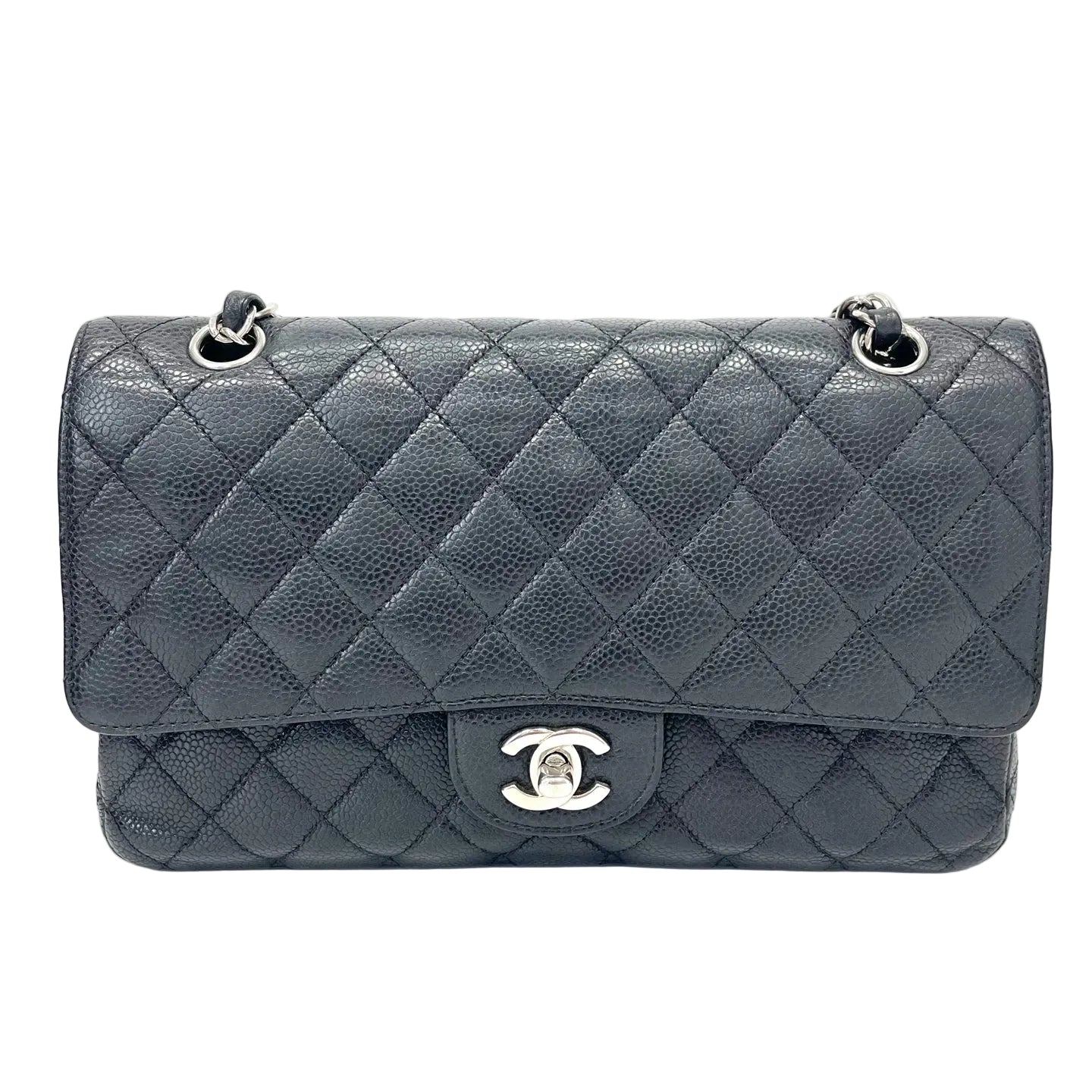 Pre-Owned Chanel CF Flap Bag Black Grained Cowhide Silver Hardware Base Length 25.5 Year2011 N22004171
