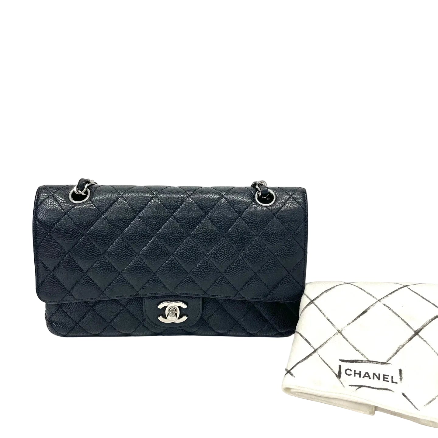 Pre-Owned Chanel CF Flap Bag Black Grained Cowhide Silver Hardware Base Length 25.5 Year2011 N22004171