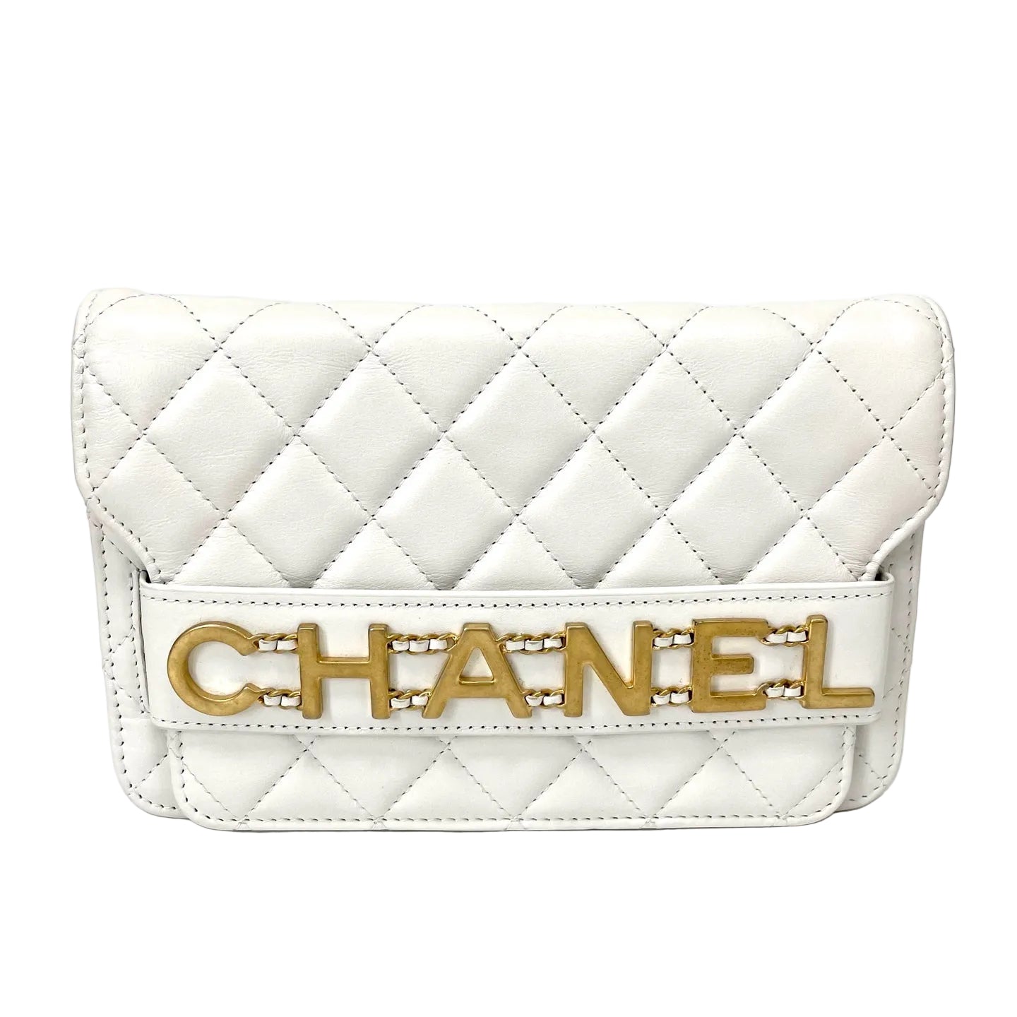 Pre-Owned Chanel Letter WOC Chain Bag White Quilted Calfskin Base Length 24 Year2020 N21917111