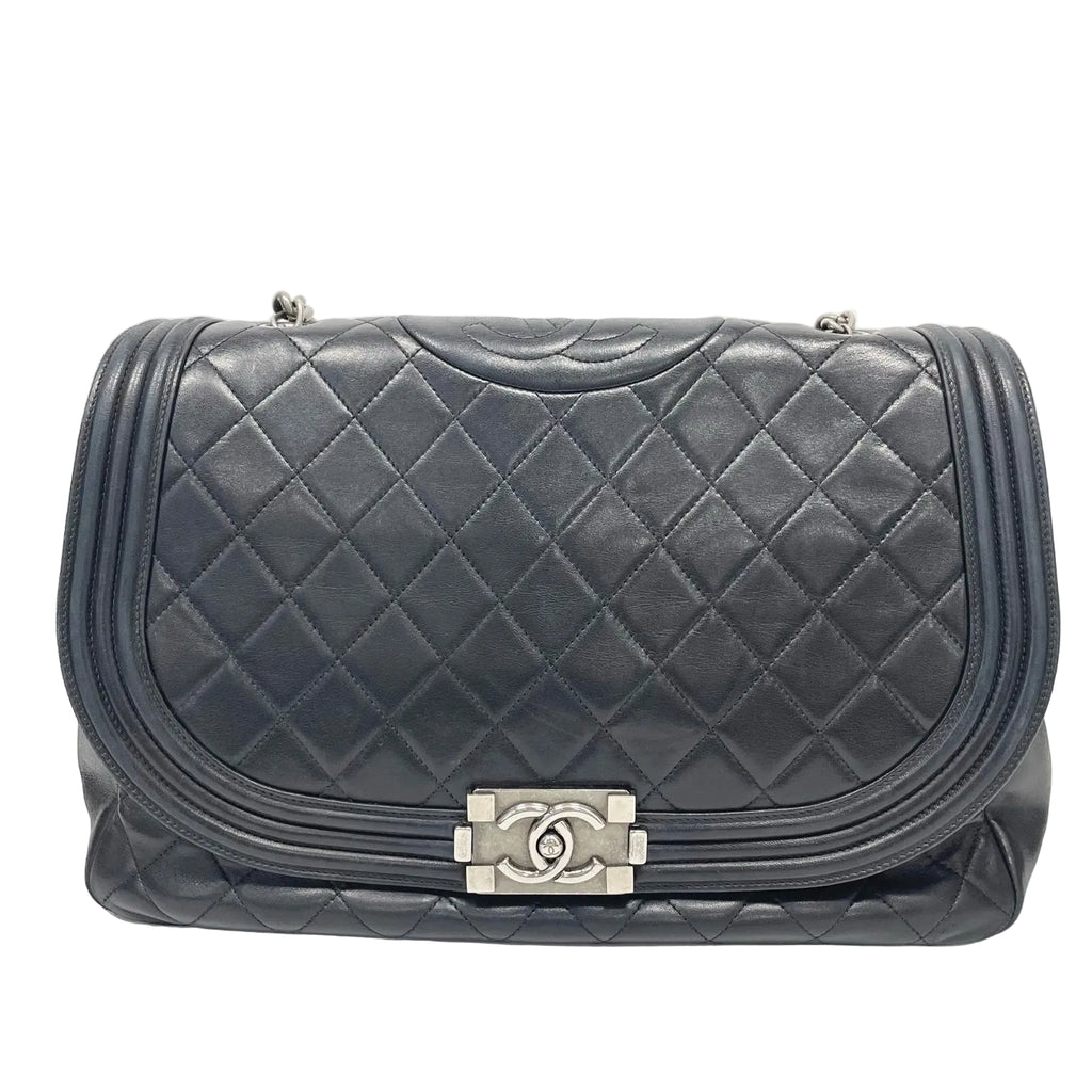 Pre-Owned Chanel Cowhide Leboy Airport Bag Black Silver Hardware Base Length 35 Year2012 N21978890