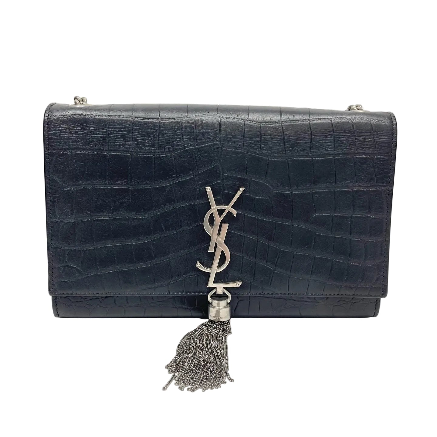 Pre-Owned YSL Kate Medium Black Silver Crocodile Embossed Tassel Chain Bag N21978942