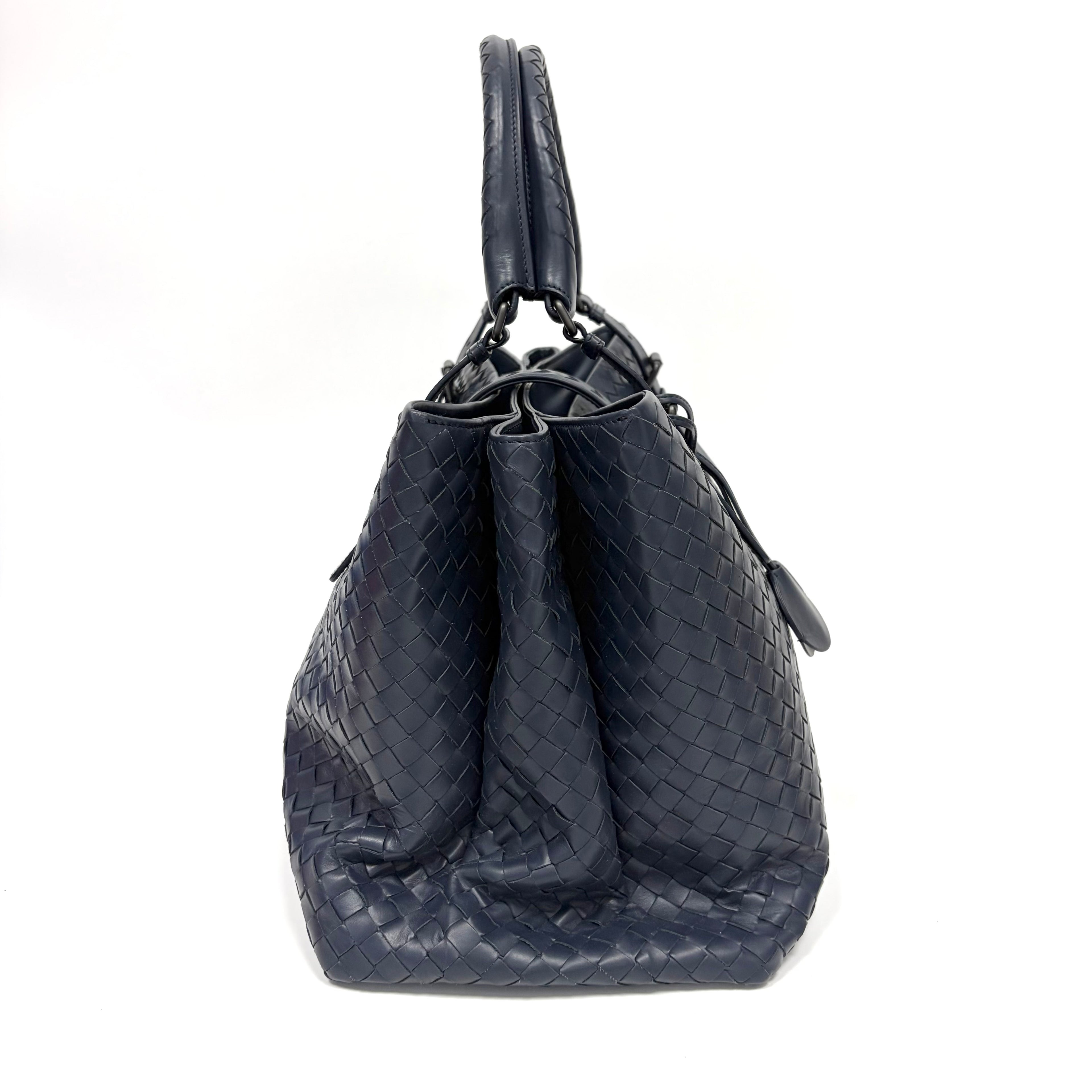 Pre-Owned Bottega Veneta Large Roma Woven Tote Bag Deep Navy Blue Year2015 Base Length 38 N22424026