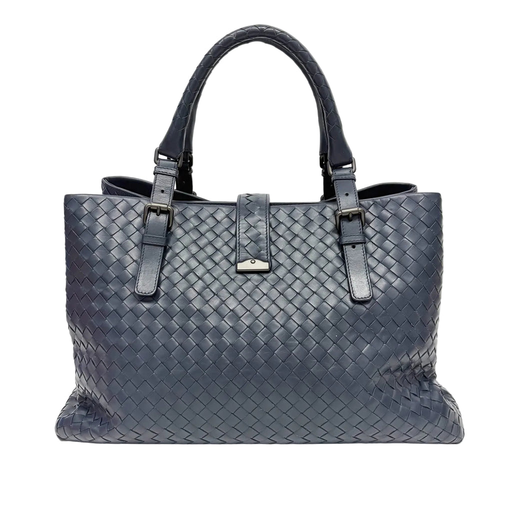 Pre-Owned Bottega Veneta Large Roma Woven Tote Bag Deep Navy Blue Year2015 Base Length 38 N22424026