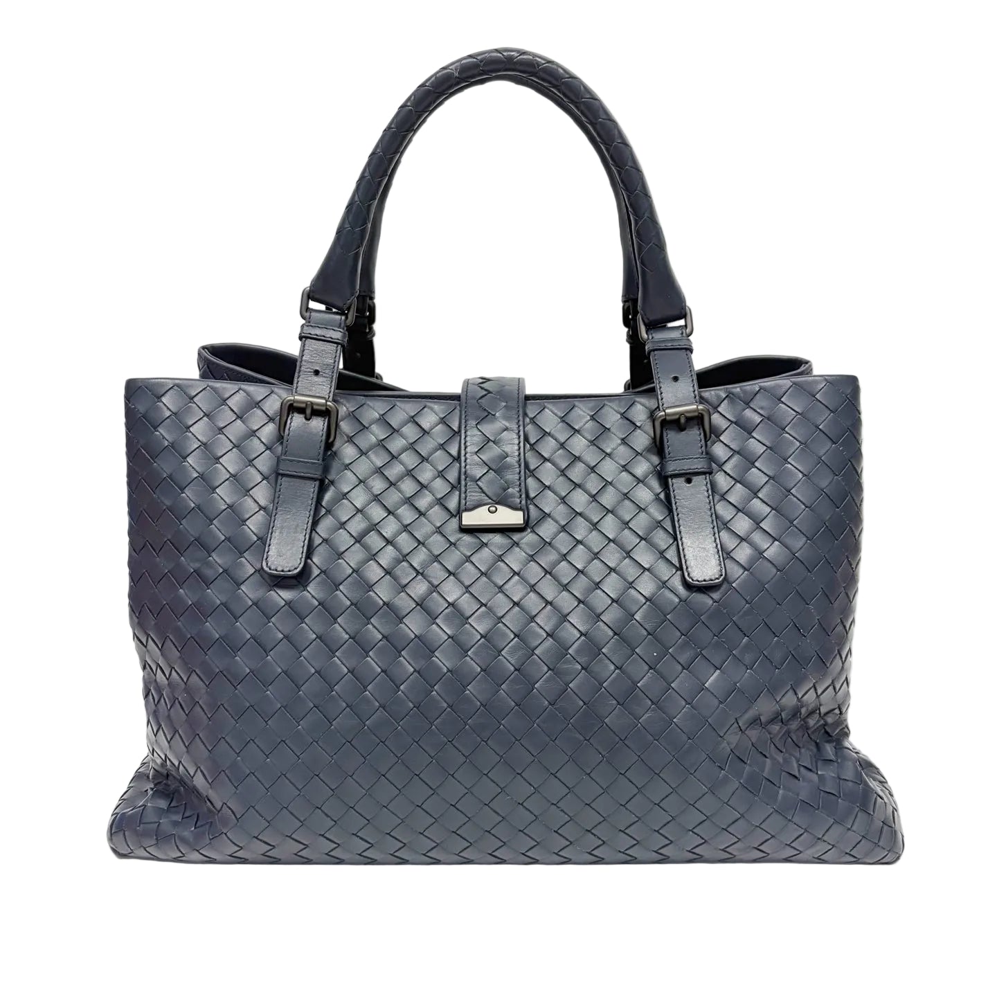 Pre-Owned Bottega Veneta Large Roma Woven Tote Bag Deep Navy Blue Year2015 Base Length 38 N22424026