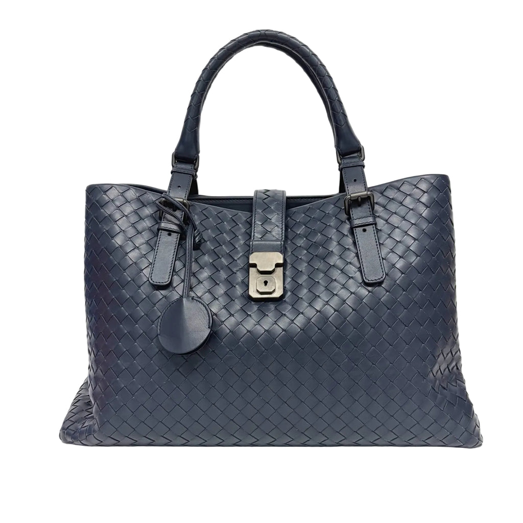 Pre-Owned Bottega Veneta Large Roma Woven Tote Bag Deep Navy Blue Year2015 Base Length 38 N22424026