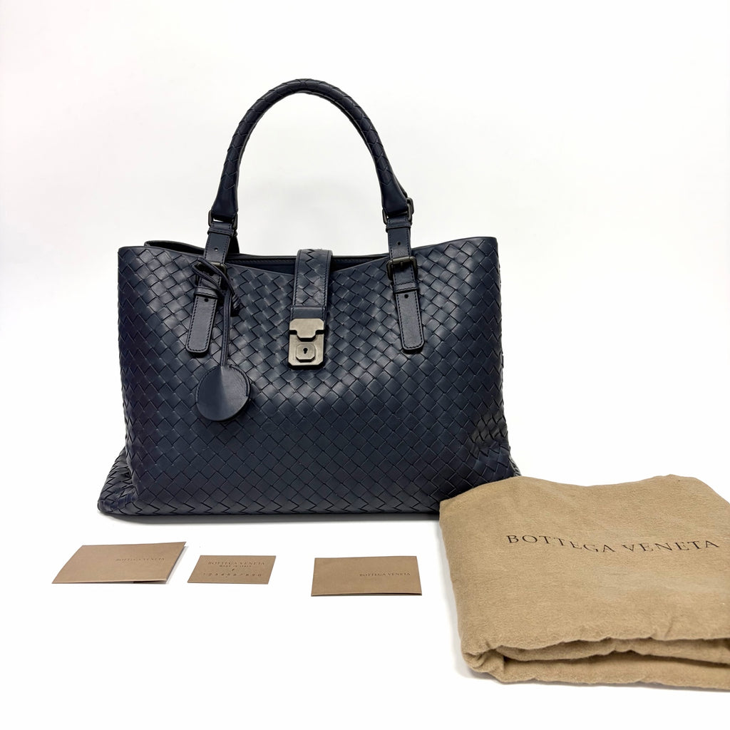 Pre-Owned Bottega Veneta Large Roma Woven Tote Bag Deep Navy Blue Year2015 Base Length 38 N22424026